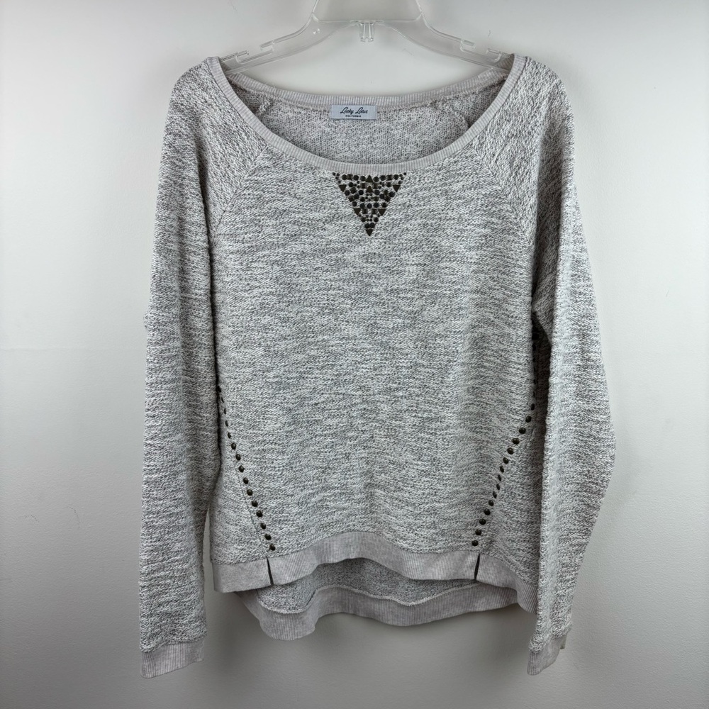 Lucky Brand Light Gray Heathered Knit Sweatshirt with Stud Triangle Accent